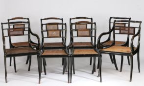 Set of eight Regency ebonised dining chairs, consisting of six single and two carver chairs, the