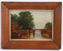 English School (19th Century) River Scene with Horses and Cart on a Bridge oil on canvas 17 x