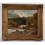 John Talbot Adams (British, act 1861-1905), Angler in River Landscape, signed J T Adams (Lower
