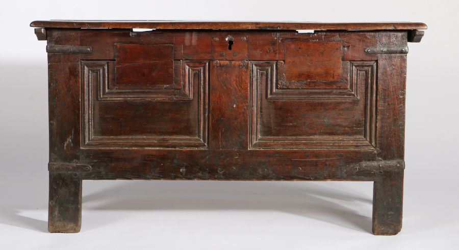 18th Century and later oak coffer the hinged lid opening to reveal an interior candle box, the front