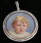 Victorian miniature portrait pendant, of a child with a blue background, set to an enamel and yellow
