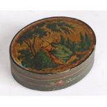 19th Century oval painted composition box, the lid with depiction of a lady seated under a tree, the