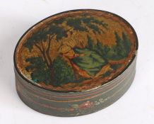 19th Century oval painted composition box, the lid with depiction of a lady seated under a tree, the