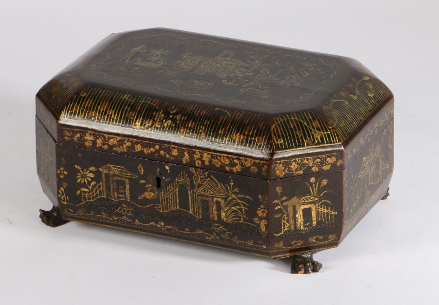 Early 20th Century Chinese black lacquered and gilt box of octagonal form, each panel designed - Image 2 of 2