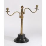 Gothic style two branch brass candelabra, with a pair of adjustable arms attached to a cylindrical