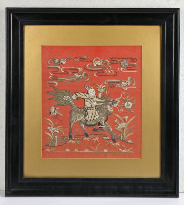 Chinese red silk panel, embroidered in silver thread with central depiction of an immortal on - Image 2 of 2