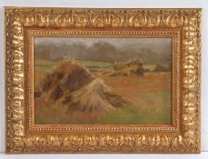 English School (Early 20th Century) Hayfield dated Aug '29 (lower left), oil on panel 18 x 29cm (7 x