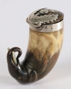 Unusual Scottish novelty horn snuff mull, the hinged lid with white metal thistle, the rim