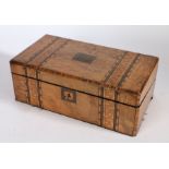 A large Victorian Walnut parquetry inlaid writing box, the hinged lid with central brass cartouche