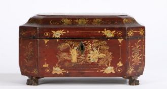 Early 20th Century Chinese red lacquered and gilt box of octagonal form, each panel depicting