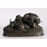 After Pierre Jules Mene, bronzed metal sculpture, Three dogs at the fox hole, signed P J Mene,