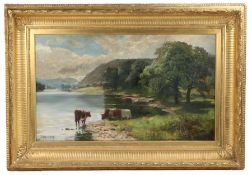 James Henry Crossland (British, 1852-1939) Highland Cattle Watering By A Loch