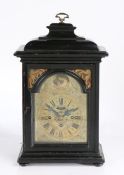 George III ebonised bracket clock, the pagoda top with brass carrying handle above an arched