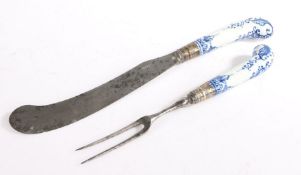Bow blue and white porcelain handled knife and fork, circa 1750, the pistol grip form handles with