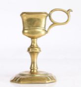 19th Century brass candle snuffer stand, with loop handle, knopped stem and square base with