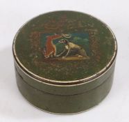 George III English Papier mache box, circa 1780, the cover decorated with a hound and hare hung by