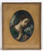 Continental School (19th Century) Angel with Orchid, oil on board, 21 x 16cm oval