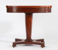William IV mahogany card table, the rotating D shaped top opening to reveal a green baize lined