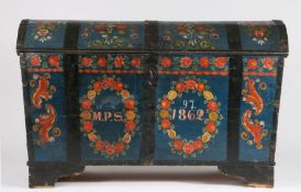 19th Century Swedish blue painted pine dome top chest, the domed lid with metal banding and