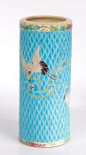 Japanese terracotta vase, of cylindrical form, the turquoise scale effect exterior decorated with