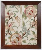 19th century crewel work panel depicting floral scenes housed within a oak and glazed frame, 58cm by