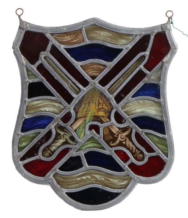 A stained glass panel, of shield shape, designed with crossed swords, 24cm wide, 28cm high - Image 3 of 3