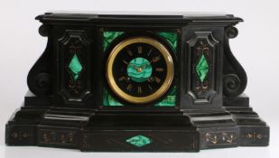 Large Victorian black slate and malachite mantle clock, with a slate and malachite dial set with