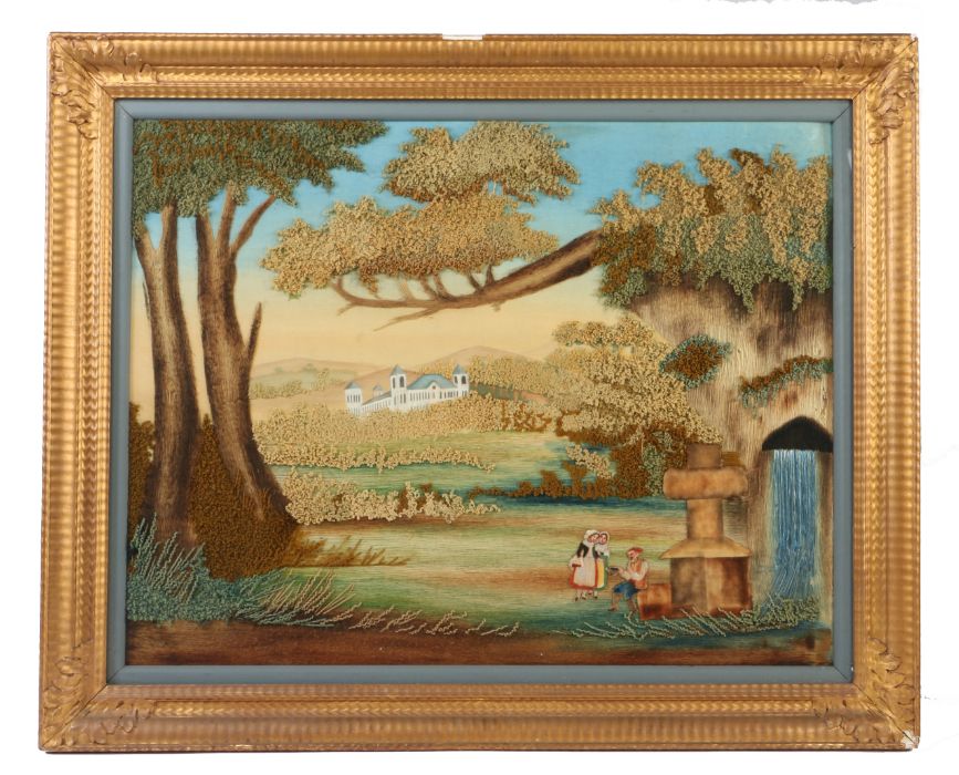 A large needlework and painted figural Continental landscape, gilt-framed and glazed, 68cm x 88cm.