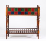Victorian oak and tiled jardinière, of rectangular form with four turned finials above the brown and