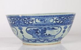 Chinese porcelain bowl, Qing dynasty, the body with cartouches depicting landscape scenes and