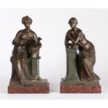 Pair of French bronzed figures titled to bases "Histoire" and "Contemplation", mounted on red veined