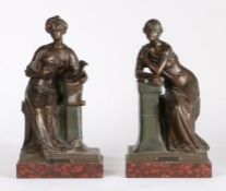 Pair of French bronzed figures titled to bases "Histoire" and "Contemplation", mounted on red veined