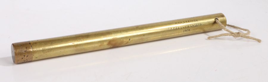 Early 20th Century brass cosh, the cylindrical brass body stamped "C.R.SPICE. WARDER. R.N. H.M.S.