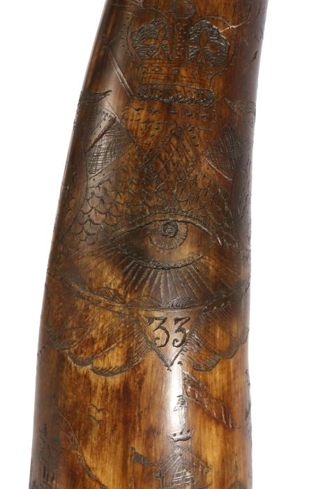 18th Century horn powder flask, the horn body engraved with a crown above two birds heads in profile - Image 3 of 3