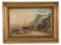 English School (19th century) Coastal scene with figure, boats and cave, unsigned, oil on canvas,