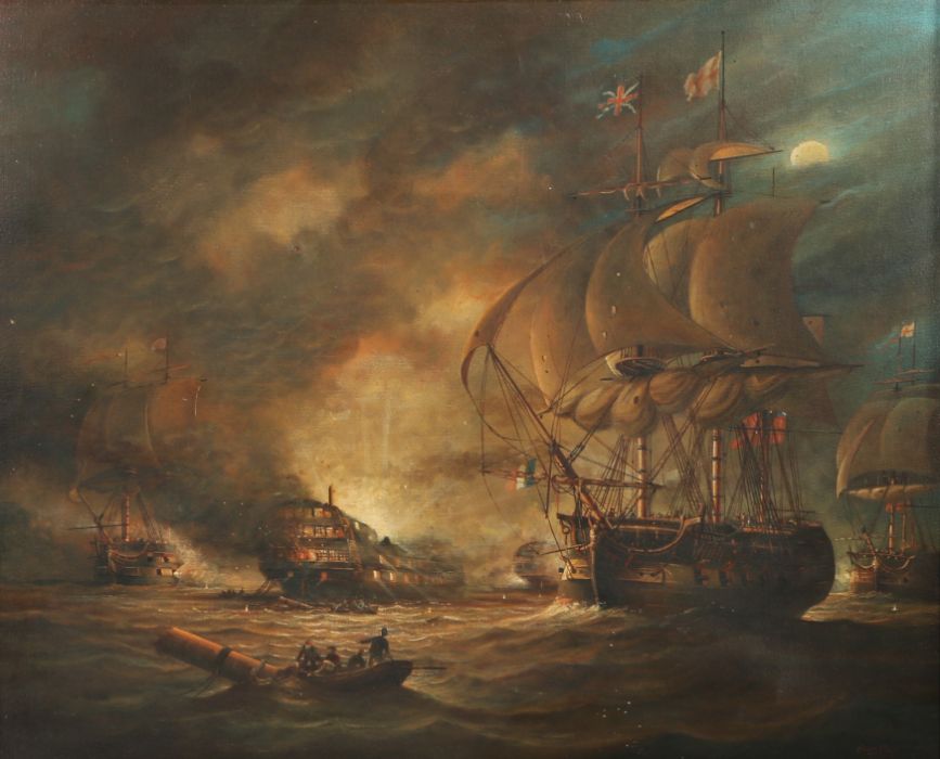 Brian Coole (B 1939) Destruction of L'Orient at the Battle of the Nile, signed oil on canvas, housed