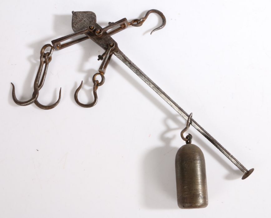 19th Century Steelyard by Robinson, the steel body with sliding weight and hooks, 37cm wide