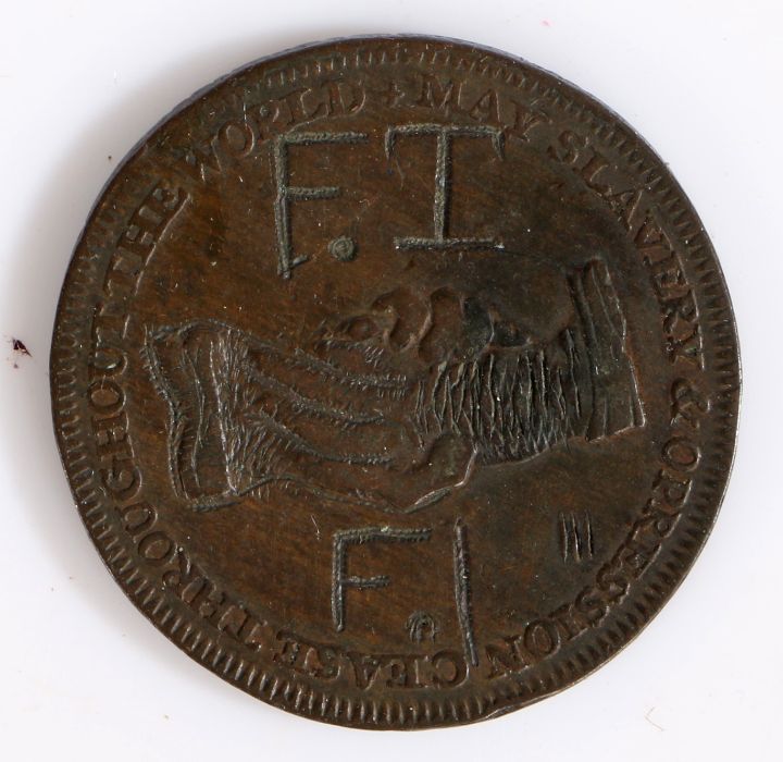 British Token, copper halfpenny, circa 1787, AM I NOT A MAN AND BROTHER, with depiction of a chained