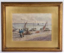 James Clarke Hook (1819-1907), hauling fishing boats ashore, signed watercolour, housed in a gilt