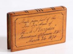 Book form box made from wood from HMS Eurydice 1878, the cover with depiction of the ship on it's