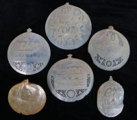 Collection of six Jerusalem mother of pearl shells, all carved with religious scenes including the