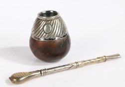 Argentinian silver mounted yerba mate gourd, the calabash gourd with swept gadrooned silver collar