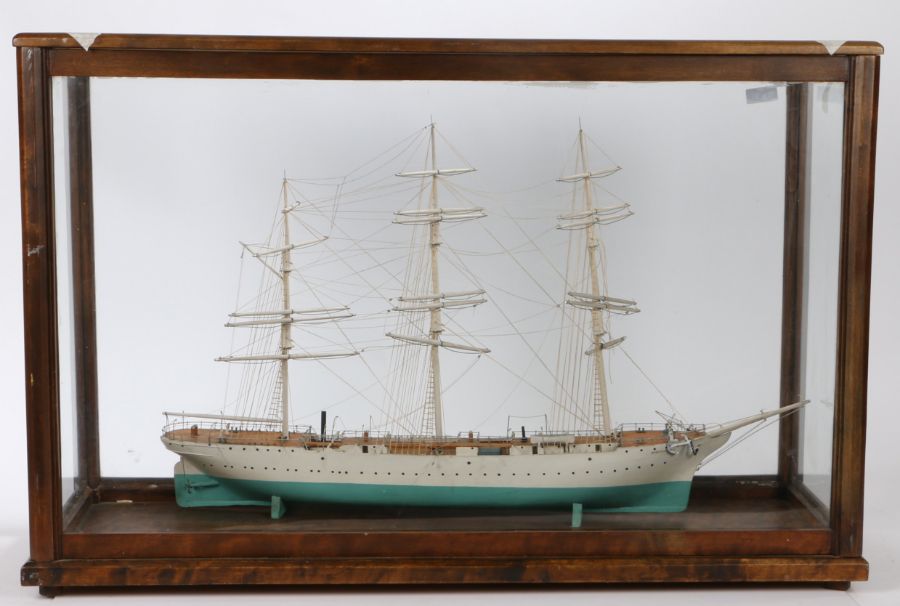 20th Century Swedish model of a three masted sailing vessel, housed in a glazed birch case, 84cm