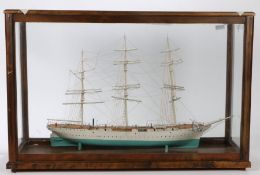 20th Century Swedish model of a three masted sailing vessel, housed in a glazed birch case, 84cm