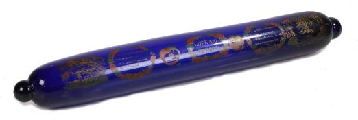 Substantial 19th Century blue glass rolling pin, enamel decorated with depiction of a sailing