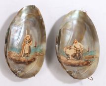 Pair of French painted mussel shells, decorated with a fisherman leaning against his boat, the other
