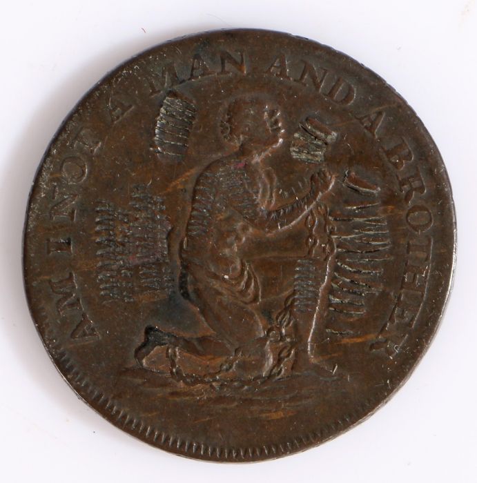 British Token, copper halfpenny, circa 1787, AM I NOT A MAN AND BROTHER, with depiction of a chained - Image 2 of 2