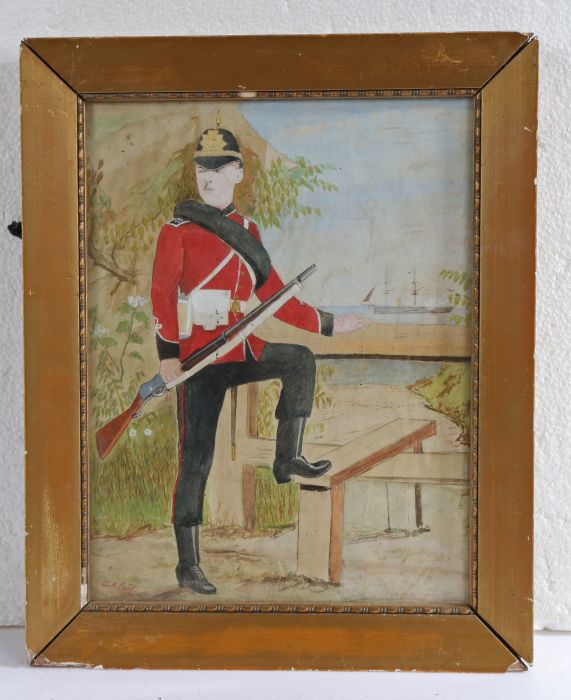 Late 19th Century watercolour of a British soldier, depicted holding a rifle with his left leg