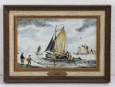 Dutch delft tile painted with sailing vessels and figures hauling in a fishing net, framed, 29cm x