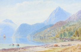 'Near the Head of Lake Te Anau' signed and titled (lower left) watercolour with pencil 36 x 55cm (14